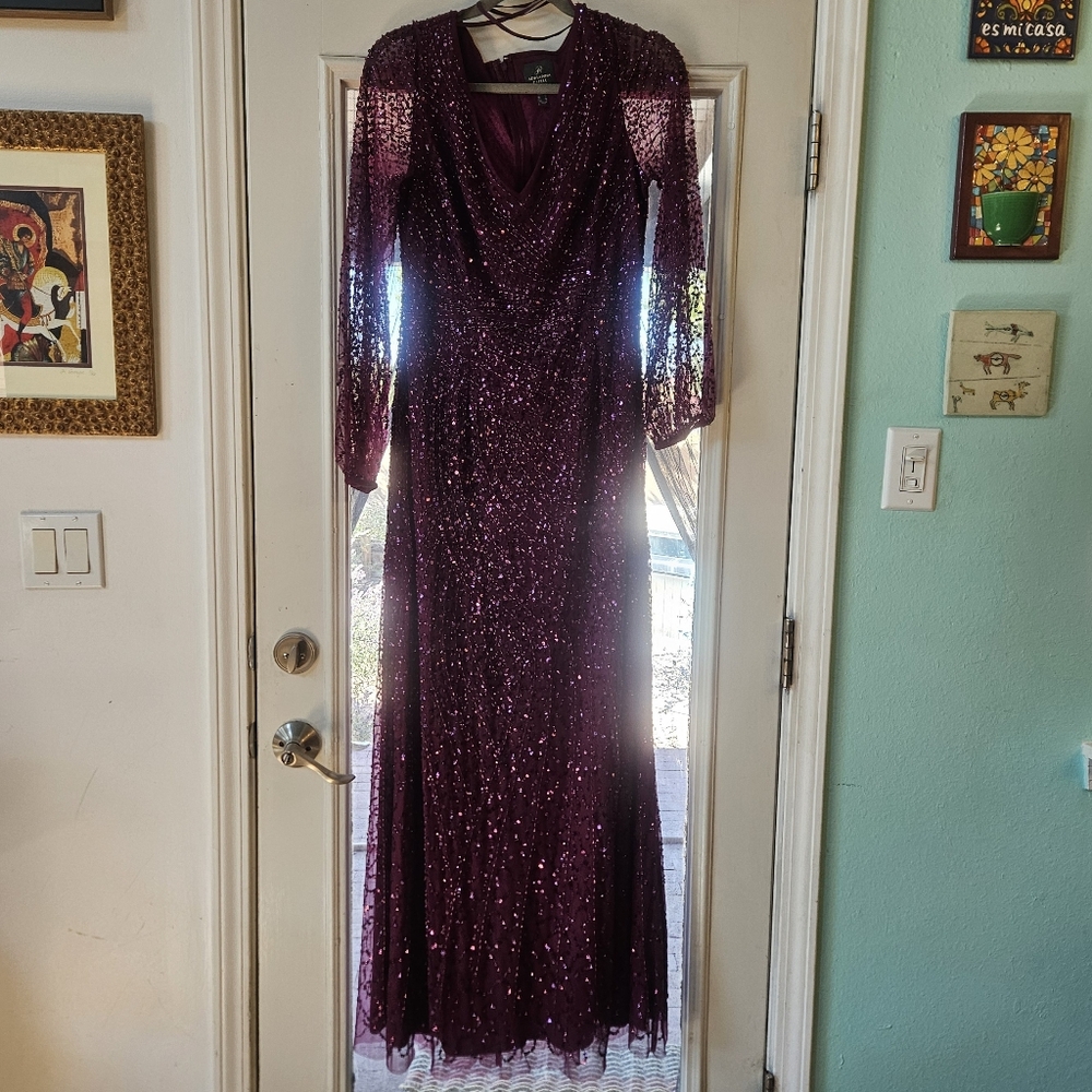 Adrianna Papell Women's Purple Beaded, Sequined Mesh Mermaid Gown Dress, Size 12